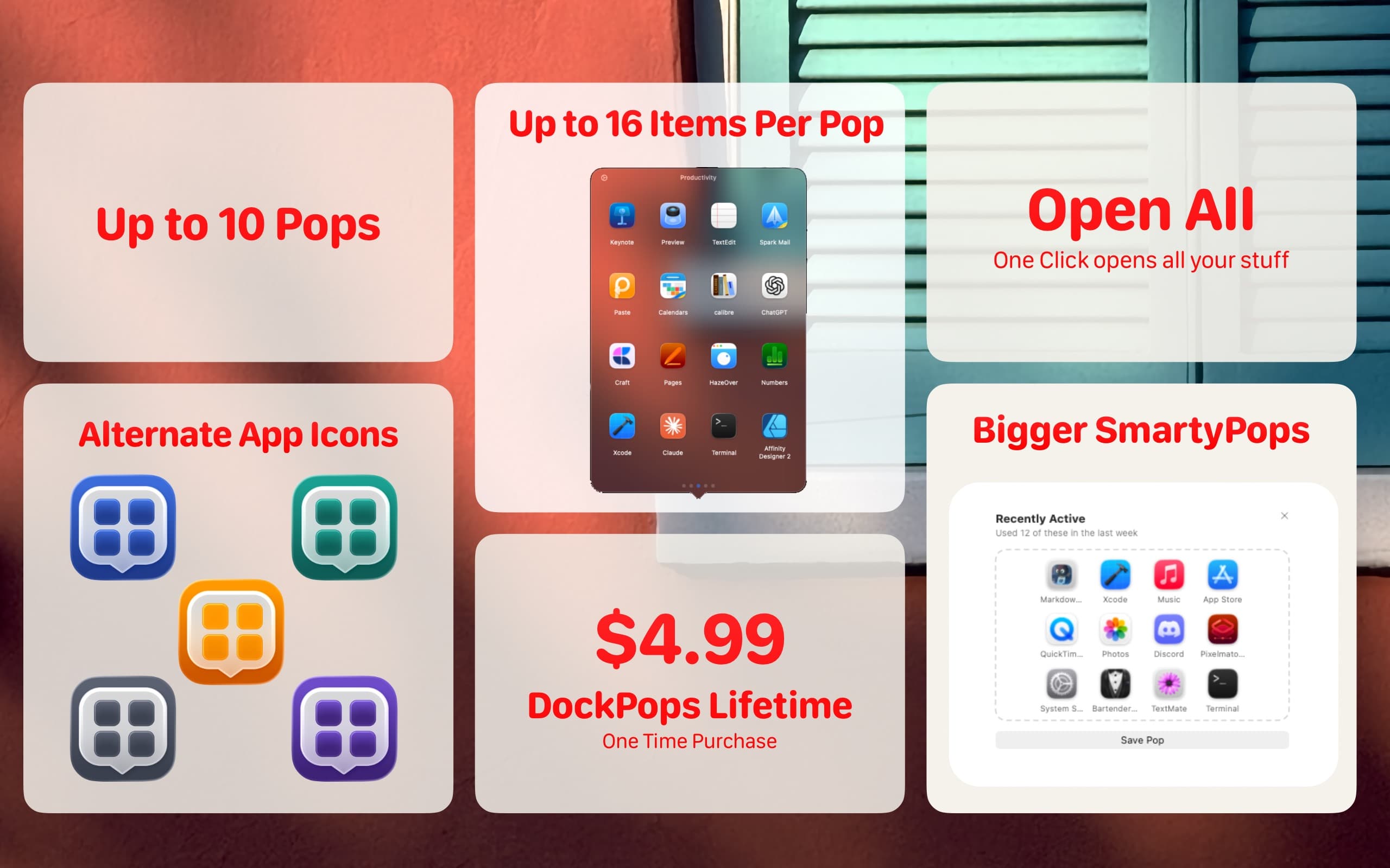 DockPops Premium — Up to 10 Pops, 16 items per Pop, Open All, Alternate App Icons, Bigger SmartyPops. $4.99 one-time purchase.